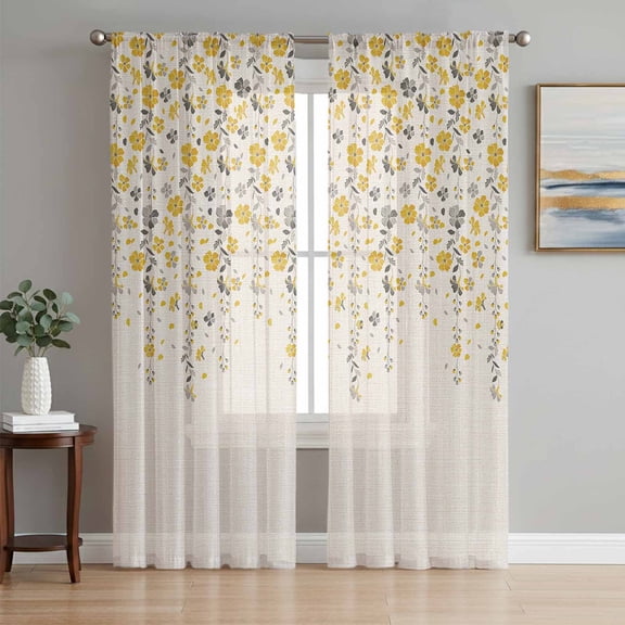 Weeping Flowers Semi Sheer Window Curtains 84 Inches Long, Yellow Grey Spring Floral Rustic Burlap Rod Pocket Voile Silky Chiffon Curtain Light Filtering Drapes for Living Room, 52"x84", 2 Panels