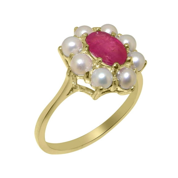 LBG British Made 14k Yellow Gold Natural Ruby & Cultured Pearl Womens Statement Ring - 33 size options - Size 10