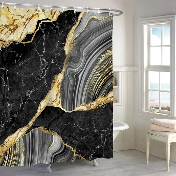 72x84 Inches Black Gold Marble Shower Curtain, Abstract Golden Cracked Lines Marble Texture Modern Luxury Ink Art Fabric Shower Curtains for Bathroom Decor Waterproof with Hooks