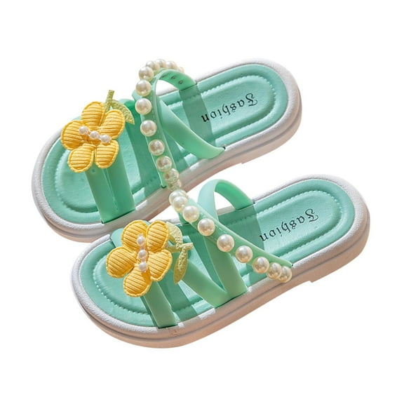 ZACPNCV Girl's Cute Bowknot Square Open Toe Slide Sandals Summer Leather Slippers Green 2-3 Years