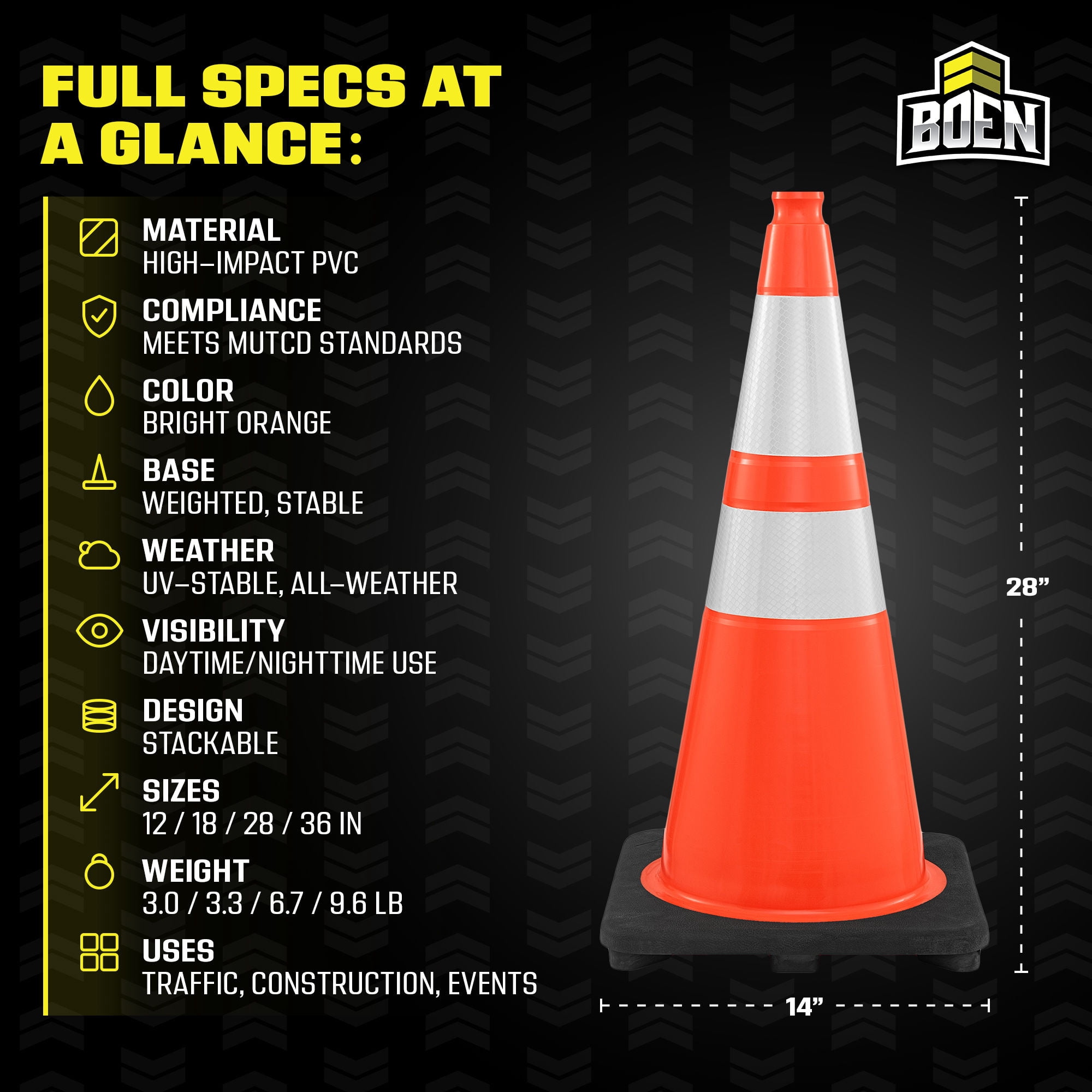 BOEN 28 in Orange Reflective Traffic Cones, 7 lb DOT MUTCD Road Safety, 3 Pack