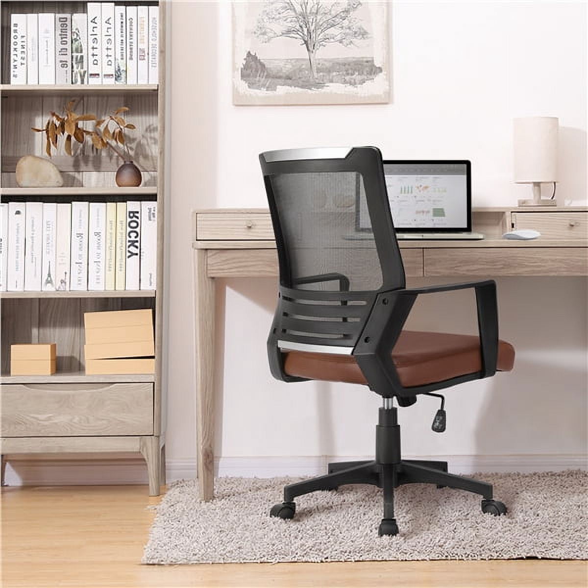 Yaheetech Office Desk Chair Swivel Computer Chair Mesh Chair with Leather Padded Seat Brown