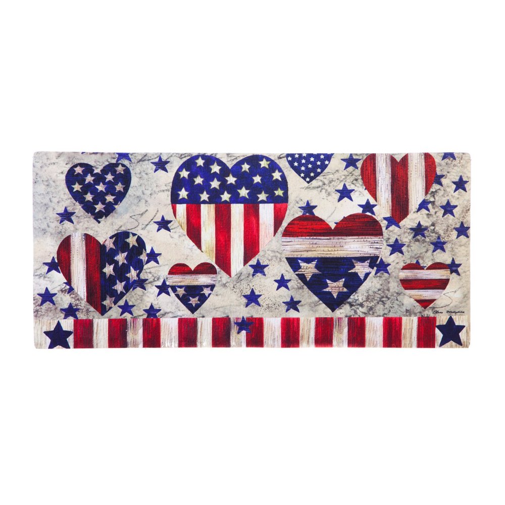 Evergreen Patriotic Hearts Decorative Floor Mat Insert, 10 x 22 inches
