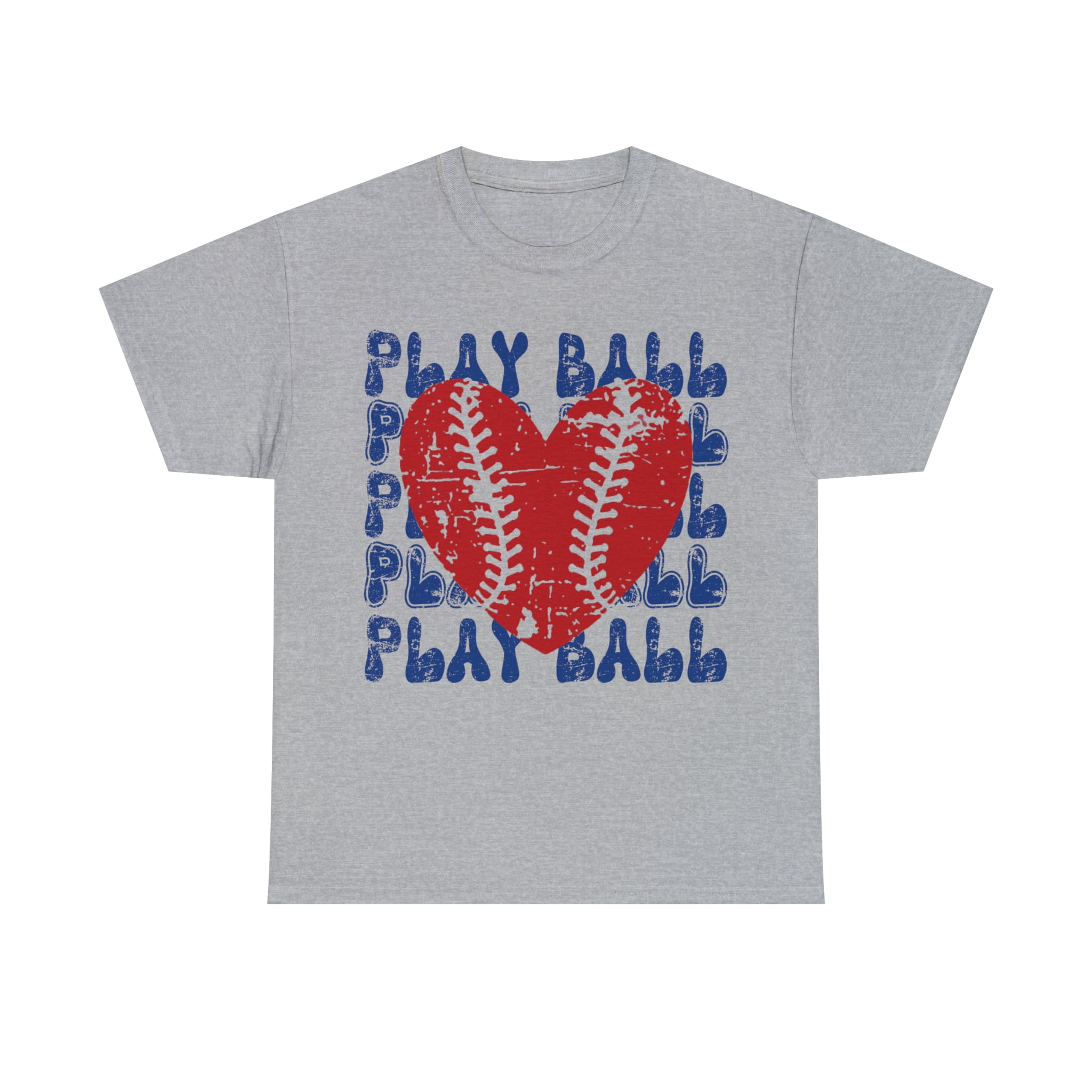 Vintage Play Ball Retro Heart Baseball T-Shirt Women's Unisex Graphic Tee Sport Grey Large