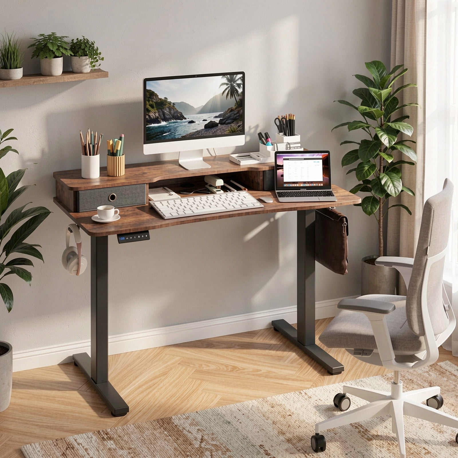 Furnibear 48 x 24 Inch Electric Height Adjustable Standing Desk with 2 Fabric Drawers Monitor Stand Memory Settings Rustic Brown