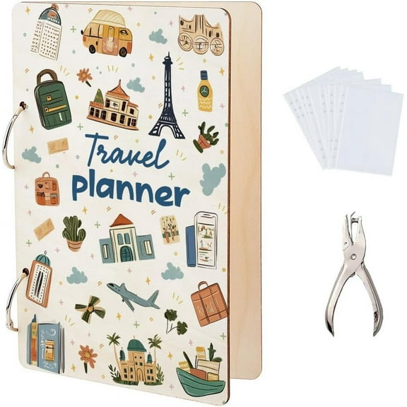 Travel Planner Greeting Card Organizer Travel Journal Card Keeper Vacation Planner Card Holder Wooden Loose Leaf Photo Album 2-Rings Cover 2-Rings Cover with Punch and 10pcs Inner Pockets