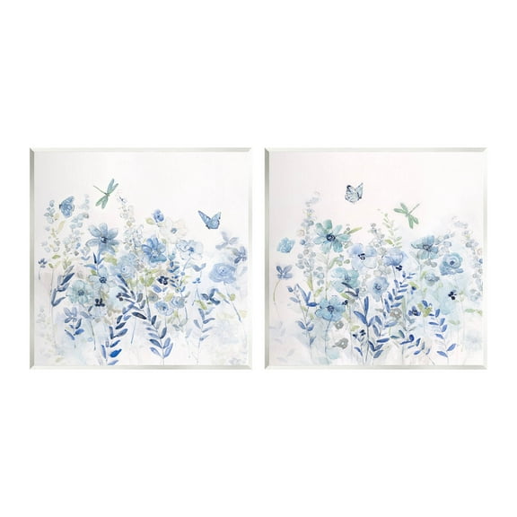 Fluttering Insects Blooming Blue Garden Botanical & Floral Graphic Art Unframed Art Print Wall Art, Set of 2