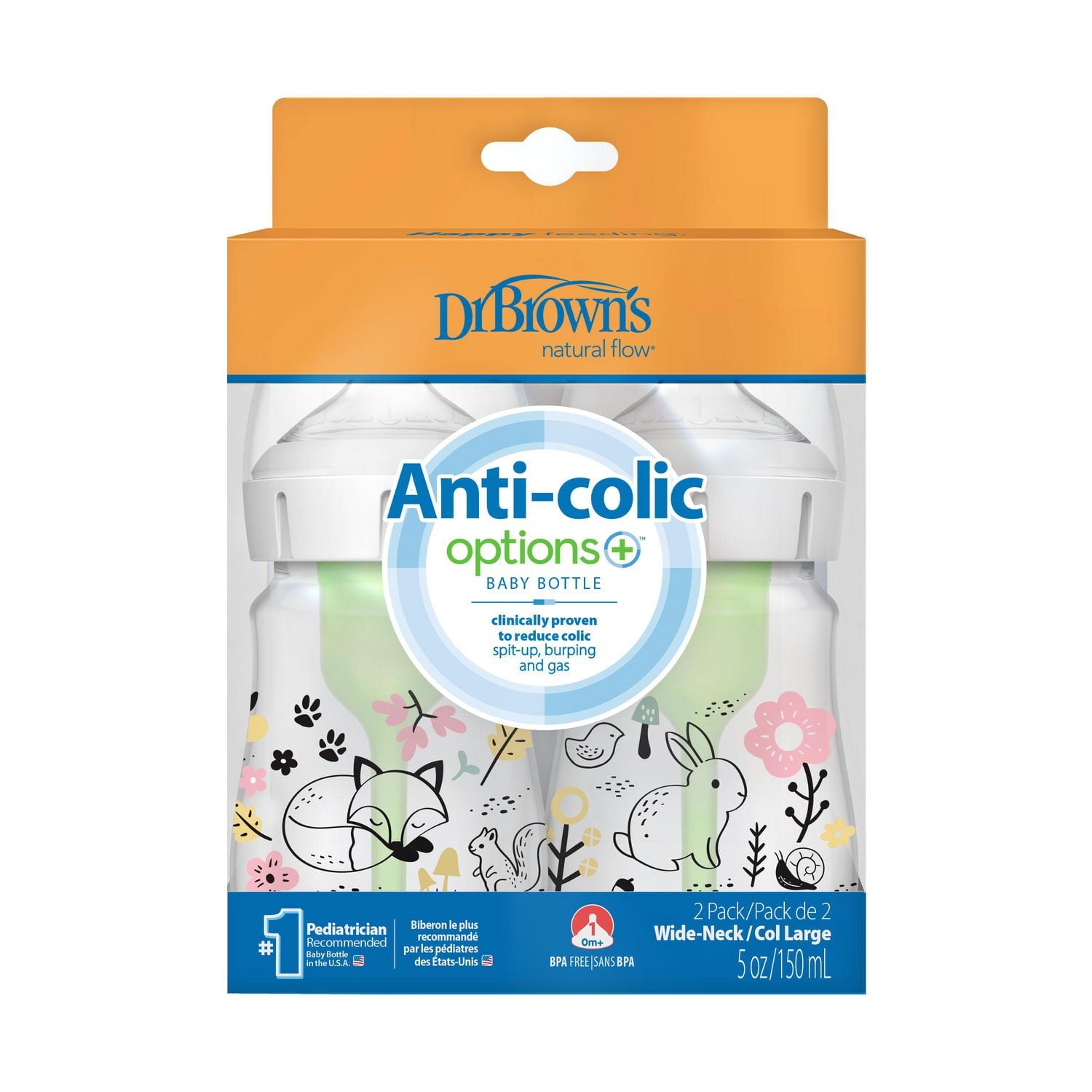 Dr. Brown's Natural Flow Anti-Colic Options+ Wide-Neck Baby Bottle Woodland Designs, 5oz/150ml 2 pack, 5oz, 2 pack