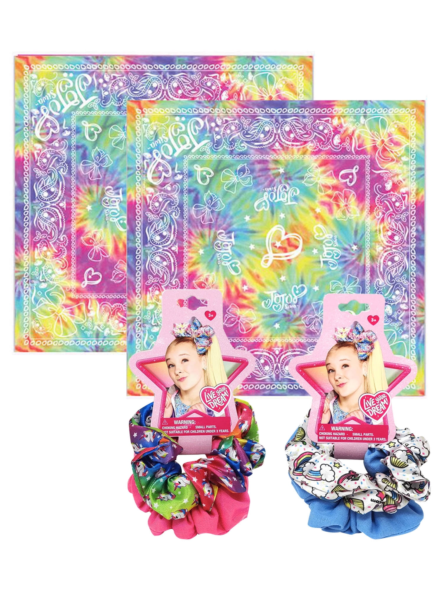 Girls JoJo Siwa Elastic Hair Scrunchies 4 Piece w/ 2 Pack Tie-Dye Bandana Set