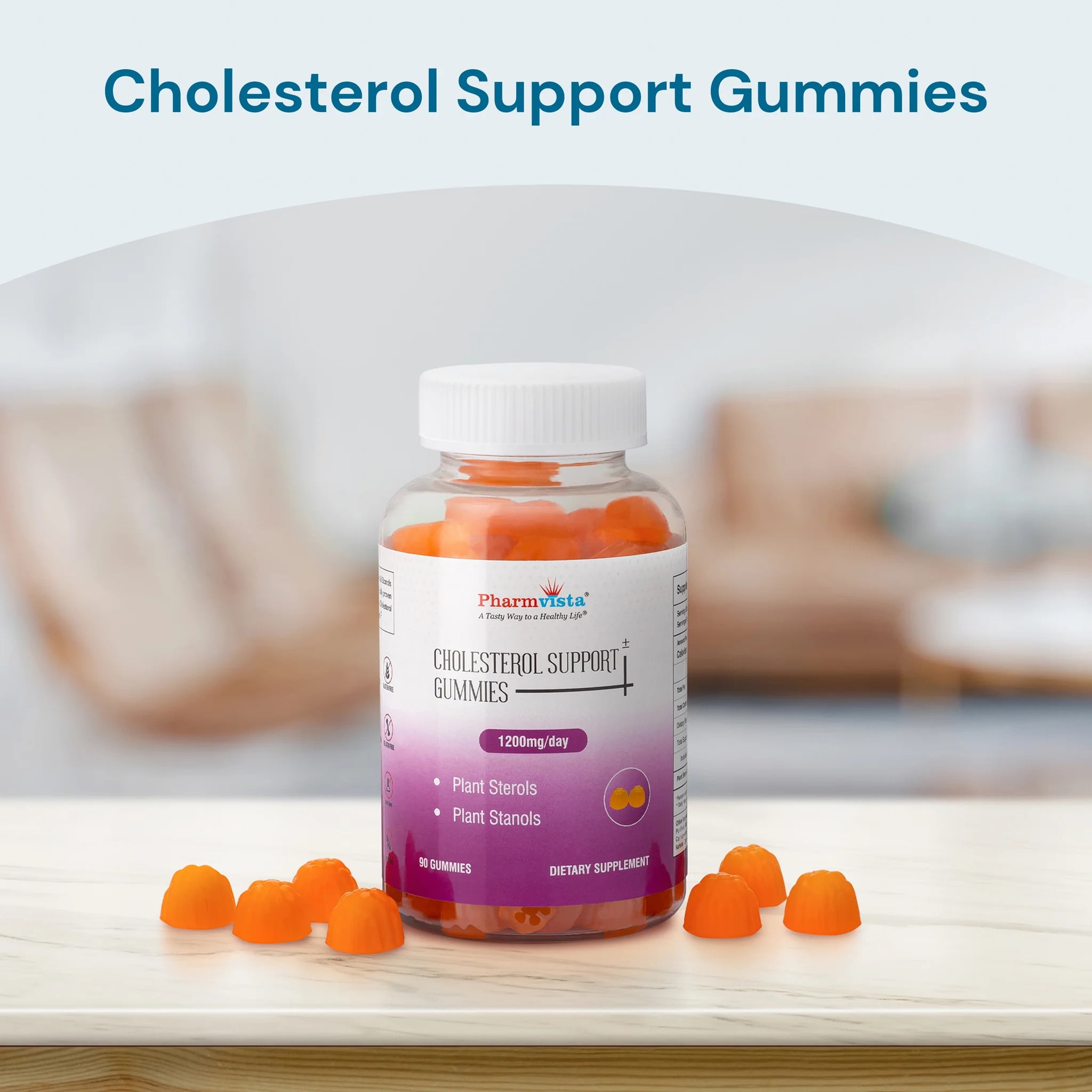 Pharmvista Cholesterol Support Gummies - 1200mg Plant Sterols and Stanols, Vegan, Allergen-Free, 90 Count
