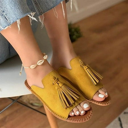 

uikmnh Women Shoes Women s Casual Flat Fringe Shoes Slippers Peep Toe Sandals Yellow 8