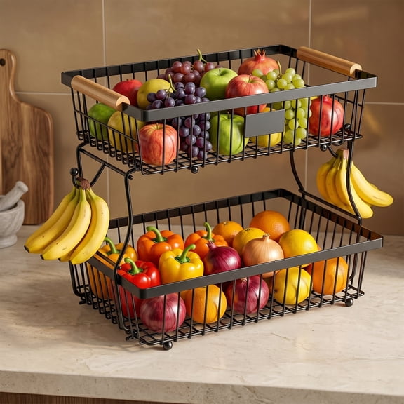 Riousery 2-Tier Fruit Basket for Kitchen Counter with Wooden Handle and Side Hooks, Detachable Metal Fruit Bowl Stand for Fruit and Vegetable Storage, Black, 16.1" x 9.4" x 11.4" - $21.79 Was $79.98