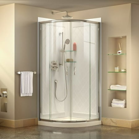Glass Shower Enclosure Finish DreamLine Prime 33 in. x 76 3/4 in. Semi-Frameless Clear Glass Sliding Shower Enclosure in Chrome with White Base and Backwalls ()