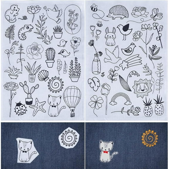 Animal Plants Water Soluble Embroidery Stabilizers Cats Hand Sewing Stick and Stitch Transfers Paper Wash Away Pre-Printed Self Adhesive Patterns for DIY Bags Cloth Sewing Lovers Beginner