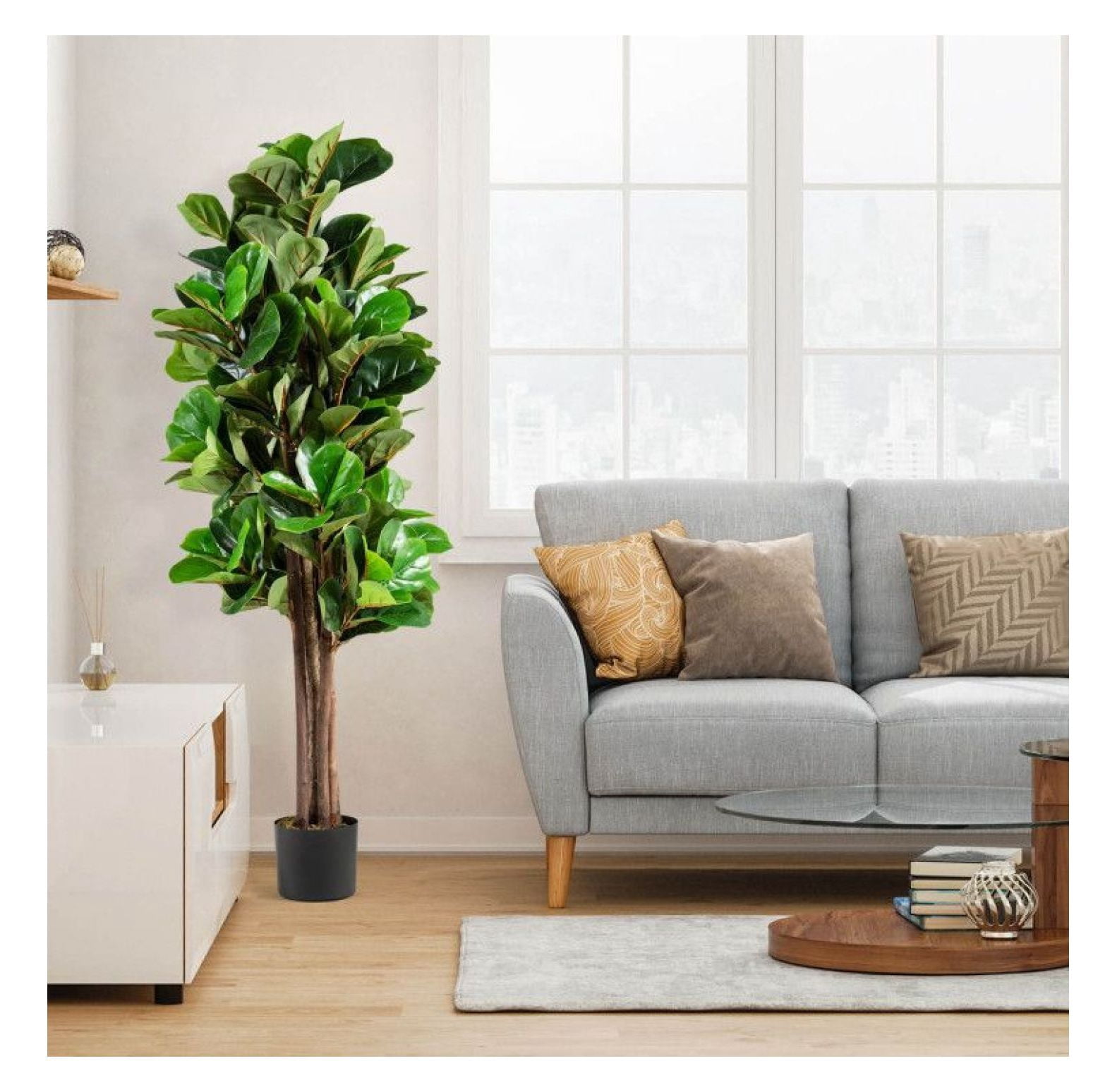 5ft Artificial Fiddle Leaf Fig Tree, Decorative Indoor Plant, Realistic Greenery, Home & Office Decor, Plastic Planter with Moss, 180 Leaves