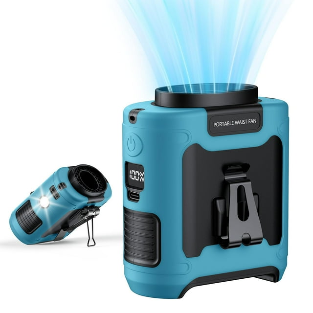 Ventilador portátil PlanCiti con clip para cintura, 10000 mAh, con linterna, azul