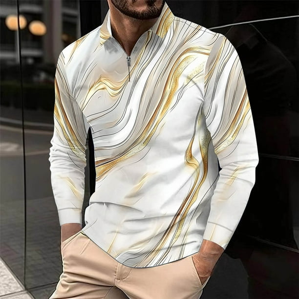 Blusa y camisa de manga larga con cuello vuelto para hombre, informal, con cuello vuelto, estampado, para fitness, deportiva, de manga larga, de poliéster