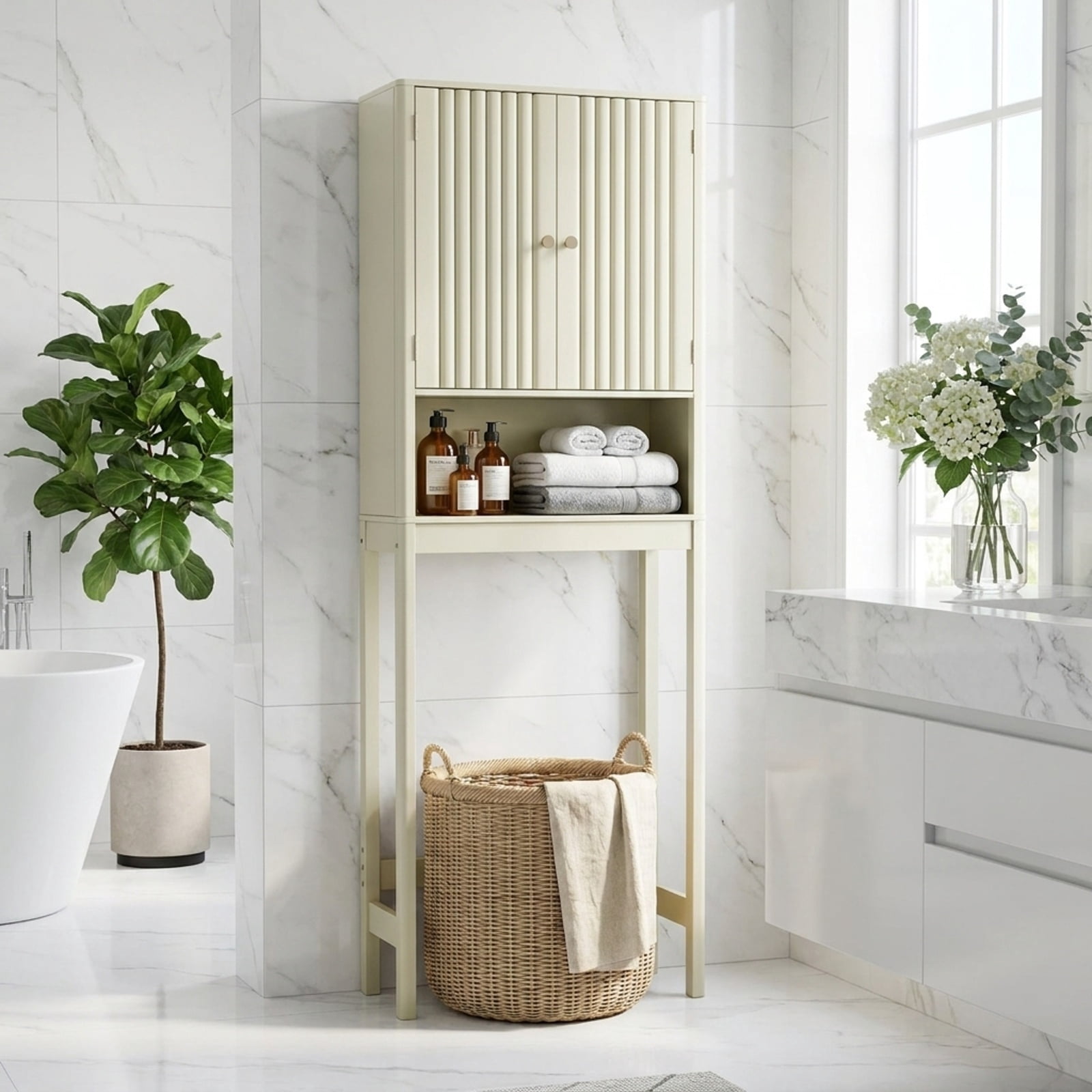 Vebreda Over-the-Toilet Storage, Over The Toilet Storage Cabinet with Fluted Doors, Maximize Your Space, Elegance Meets Convenience