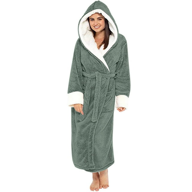 WZXFASHION Robe de Nuit Longue Automne Hiver pour Femmes, Isolation en Peluche avec Chapeau et Ceinture, WomenRobes Vert P