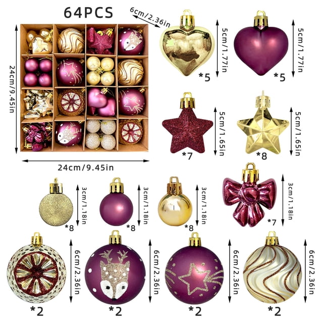 Bola Decorativa Juego de 64 adornos navideños para árbol con lazos, ciervos y corazones para decoración navideña. Rkxzt