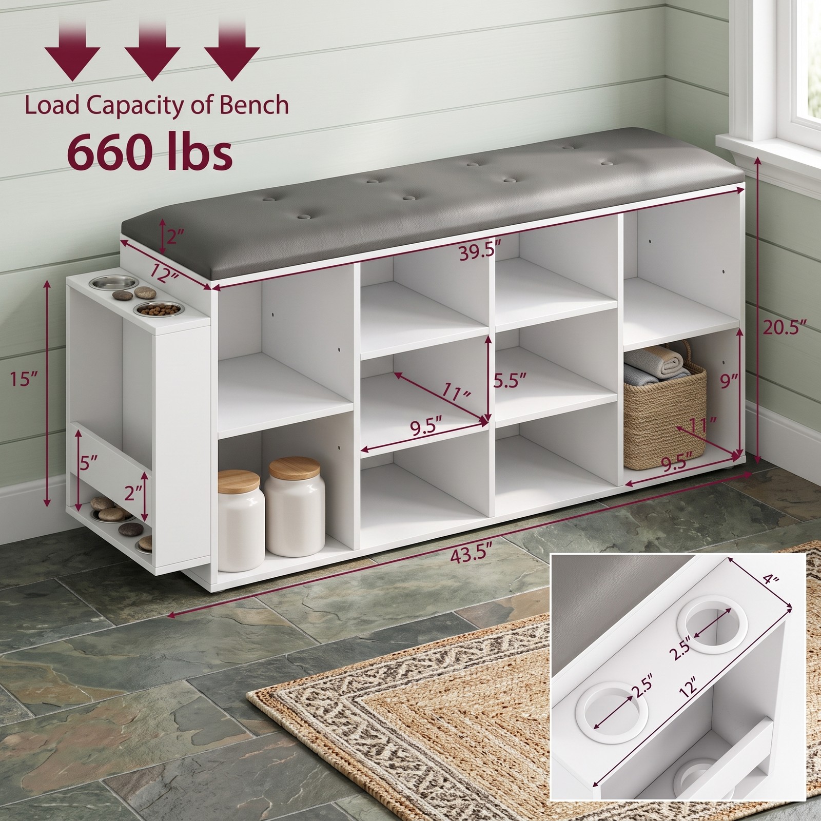 Furnibear Shoe Storage Bench with Umbrella Stand and 10 Adjustable Cube Shelves and Tufted Padded Seat for Entryway and Hallway, White