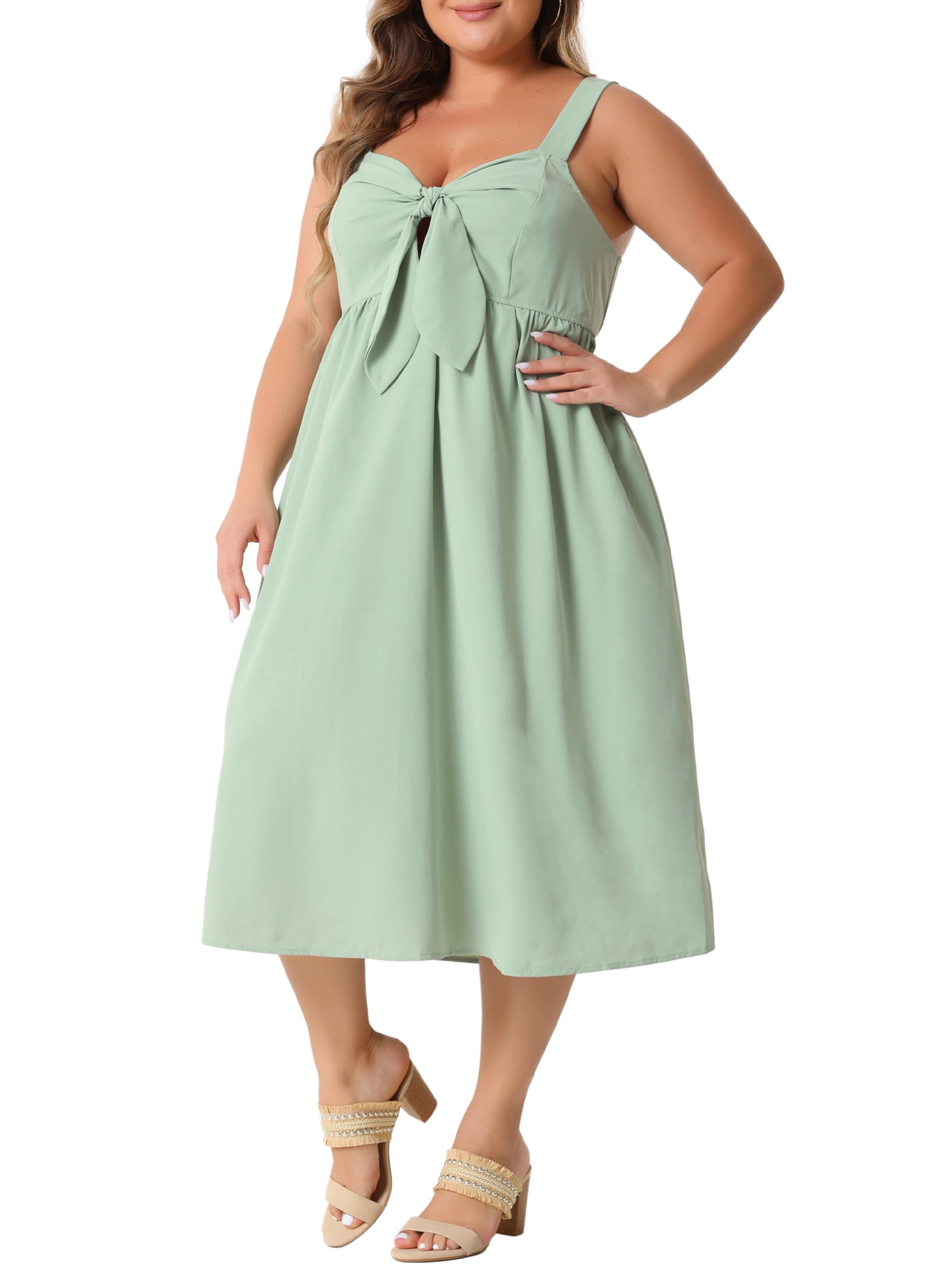DARING DIVA Plus Size Cute Bow Flowy Back Smocked Midi Cami Dress 1X Green