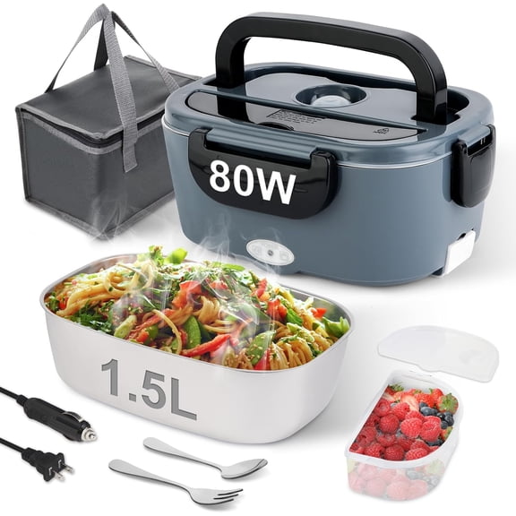 Electric Lunch Box, 80W Heated Box for Adults, 1.5L Portable Fast Heating Food Warmer Car/Truck/Work/Travel, 12/24/110V Lonchera ElĂ©ctrica PortĂ¡til