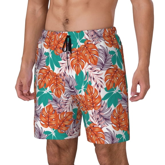 Gukieu Hawaiian Style Print Men's Double Layer Sports Swim Trunks, Quick Dry Adjustable Waist Swim Shorts Swimwear-Small