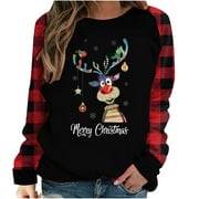Merry Christmas Buffalo Plaid T Shirts Women Cute Graphic Print Long Sleeve Raglan Holiday Baseball Tees Tops Blouse