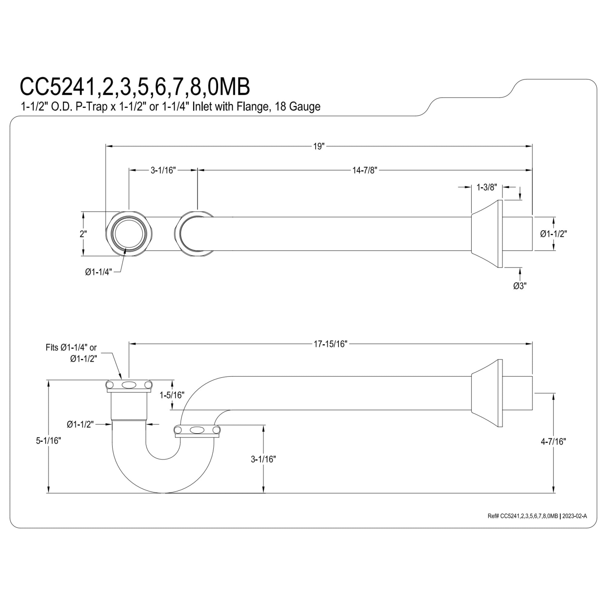 Kingston Brass CC5248 1-1/4" (or 1-1/2") x 1-1/2" P-Trap with Bell Flange, 19" Length, 18 Gauge, Brushed Nickel