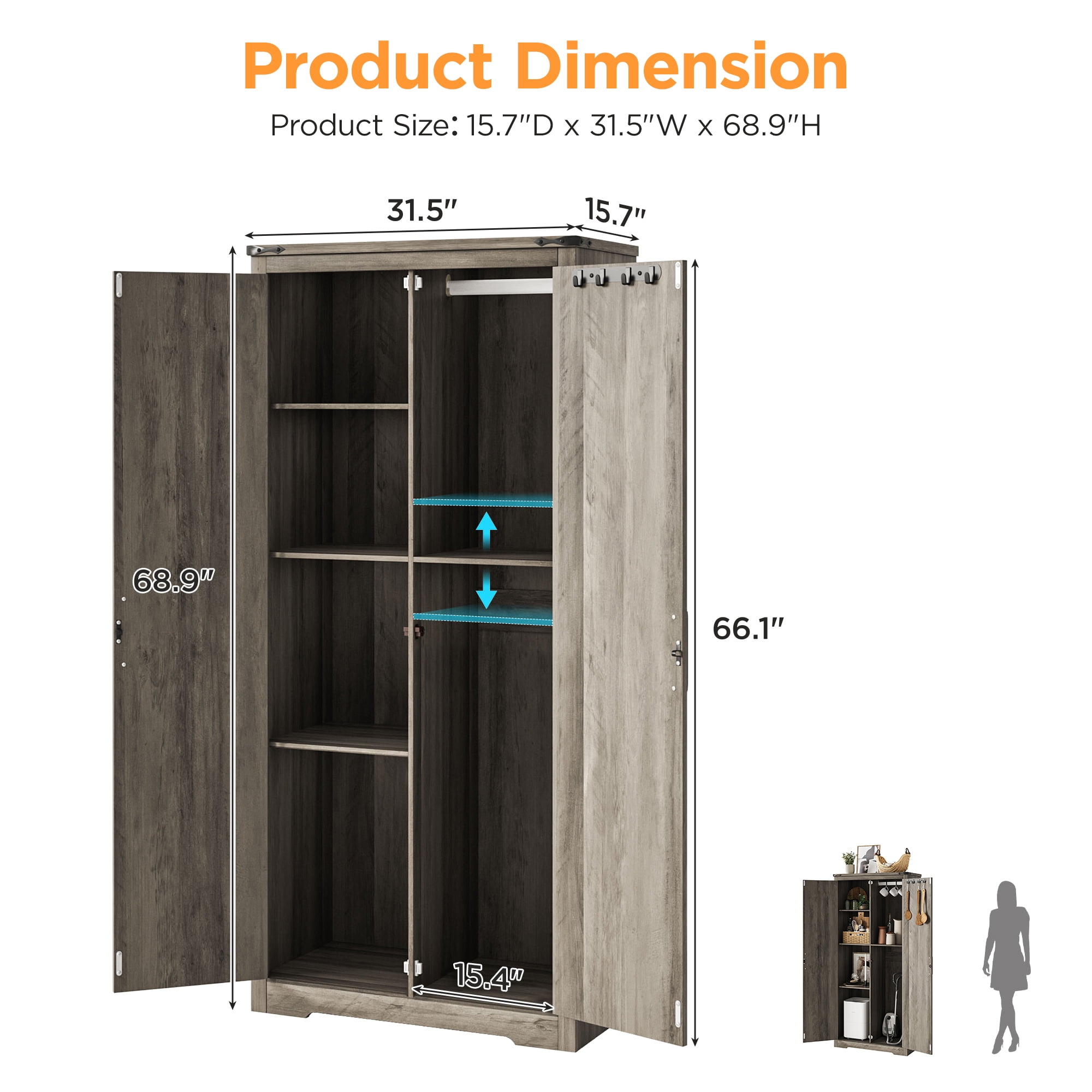 72" H Farmhouse Storage Cabinet with Adjustable Shelves, Large Pantry Organize with 2 Barn Doors, Tall Freestanding Cabinet for Kitchen, Bathroom/Garage/Basement/Living/Utility Room