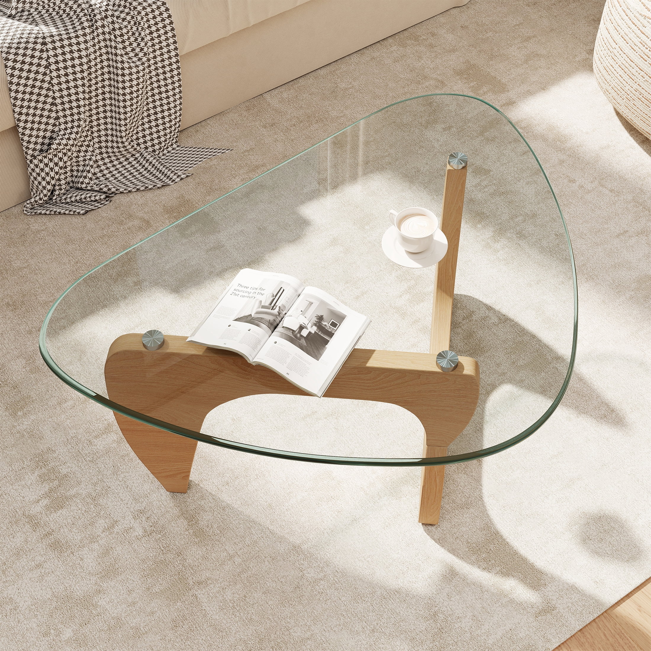 Daluvenix Modern Glass Coffee Table Triangle Coffee Table for Living Room with Glass Top and Wood Base