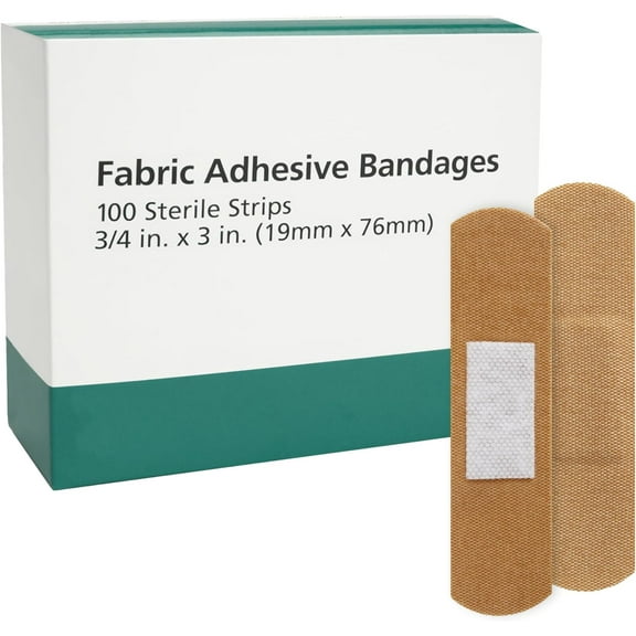 Flexible Fabric Adhesive Bandages, Fabric Strip, 3/4 in x 3 in, Box of 100 Sterile Bandages for First Aid Kit Wound Care & Protection