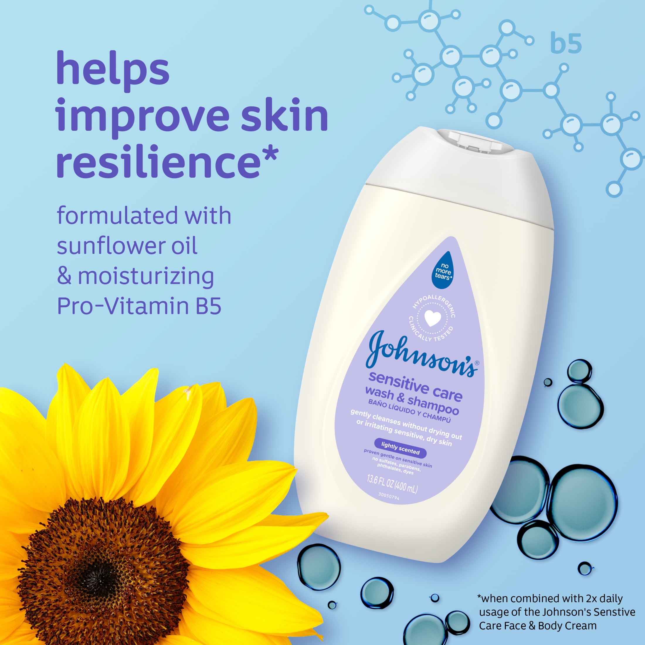 Johnson's Sensitive Care Baby Wash & Shampoo, Light Scent, 13.6 fl. oz