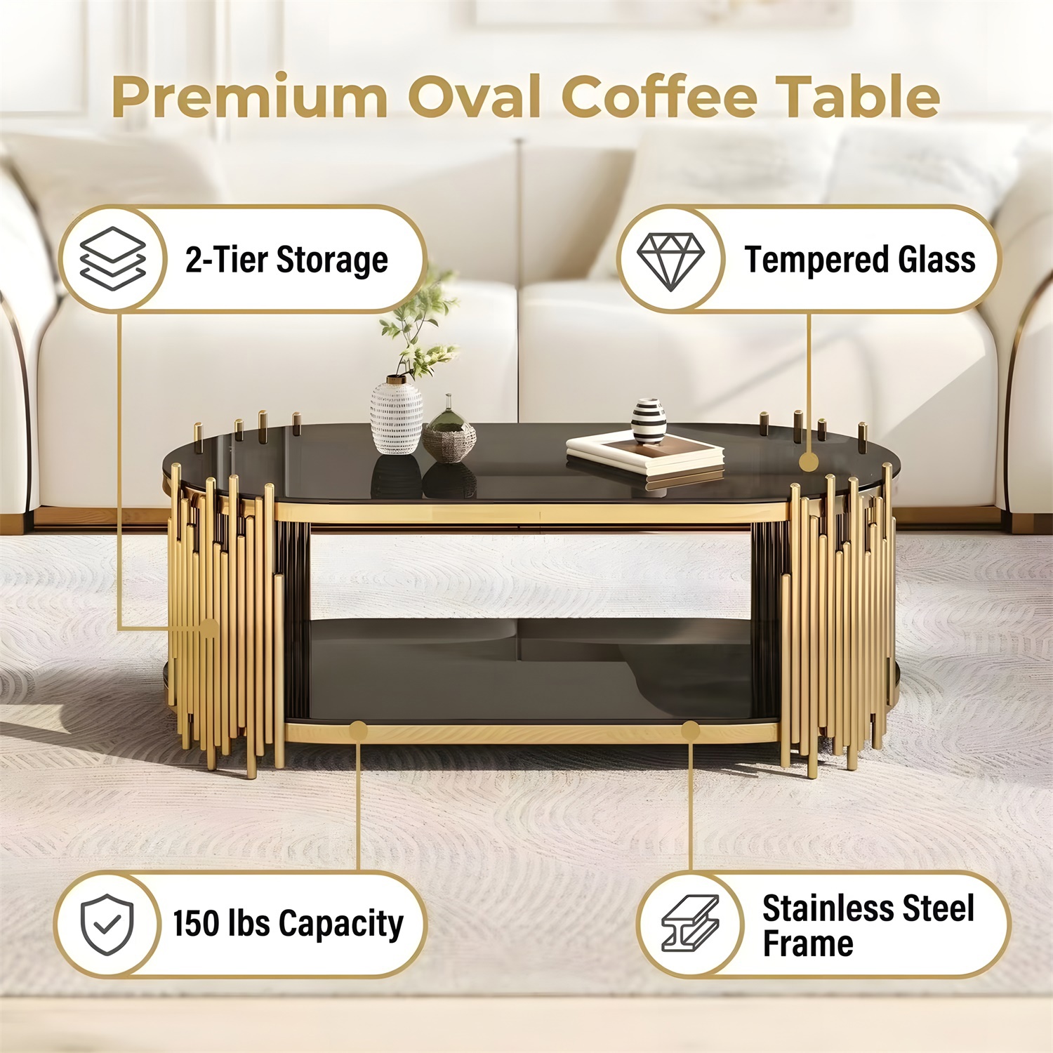 Hommoo Modern Oval Coffee Table with 2-Tier Tempered Glass Shelves, Stainless Steel Organ Pipe Base, Living Room Center Table, Black & Gold