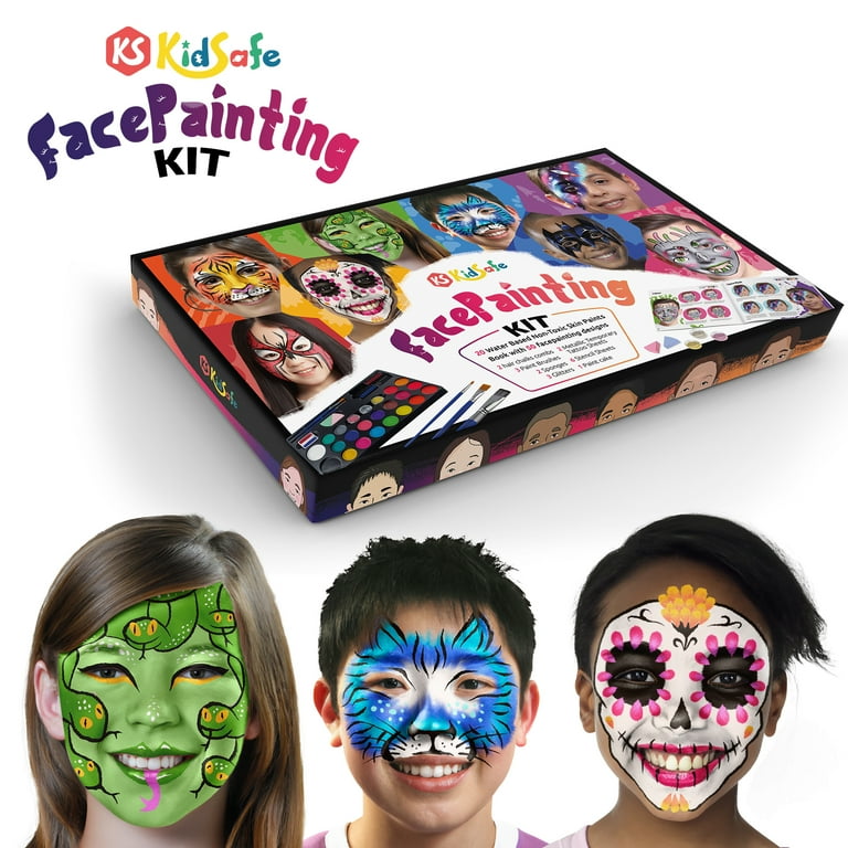 KidSafe Face Painting Kit with 20 Colors, Stencils, Glitter, Hair