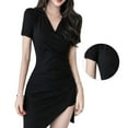 thumbnail image 4 of Vestido con cuello en V Moda Slim Bodycon Manga corta Color sólido para mujer Vacaciones de verano Fiesta de trabajo Negro XL, 4 of 8
