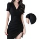 thumbnail image 4 of Vestido con cuello en V, moda, ajustado, ajustado, manga corta, color sólido para mujer, vacaciones de verano, fiesta de trabajo, 4 of 8