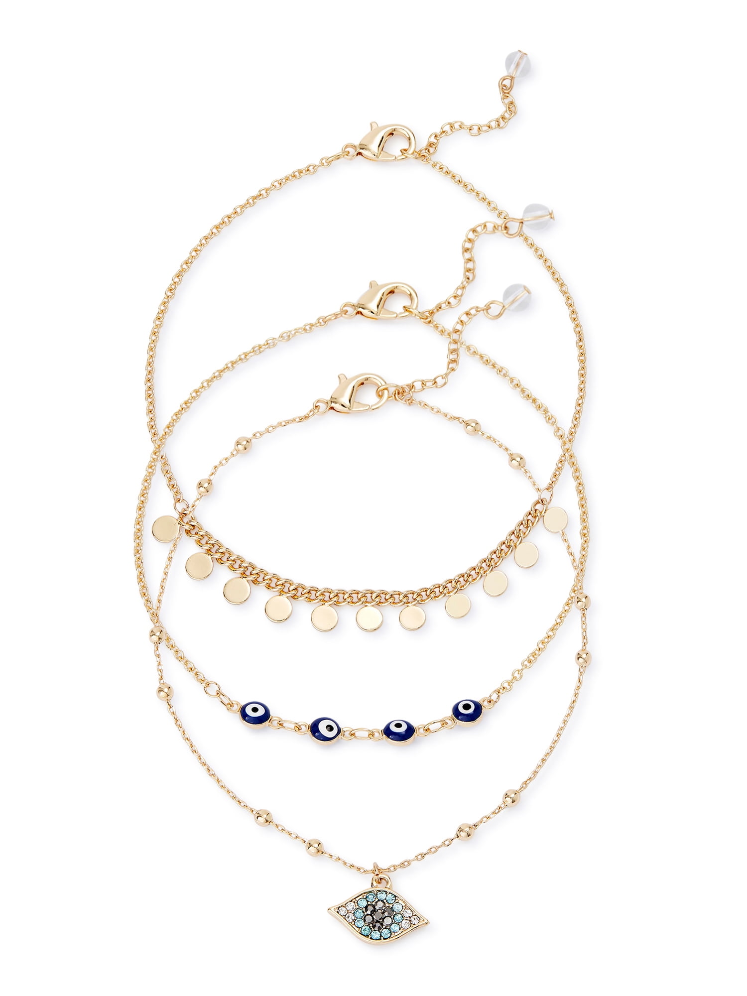 Sofia Jewelry by Sofia Vergara Women's Gold and Blue Stone Evil Eye Anklets, Set of 3