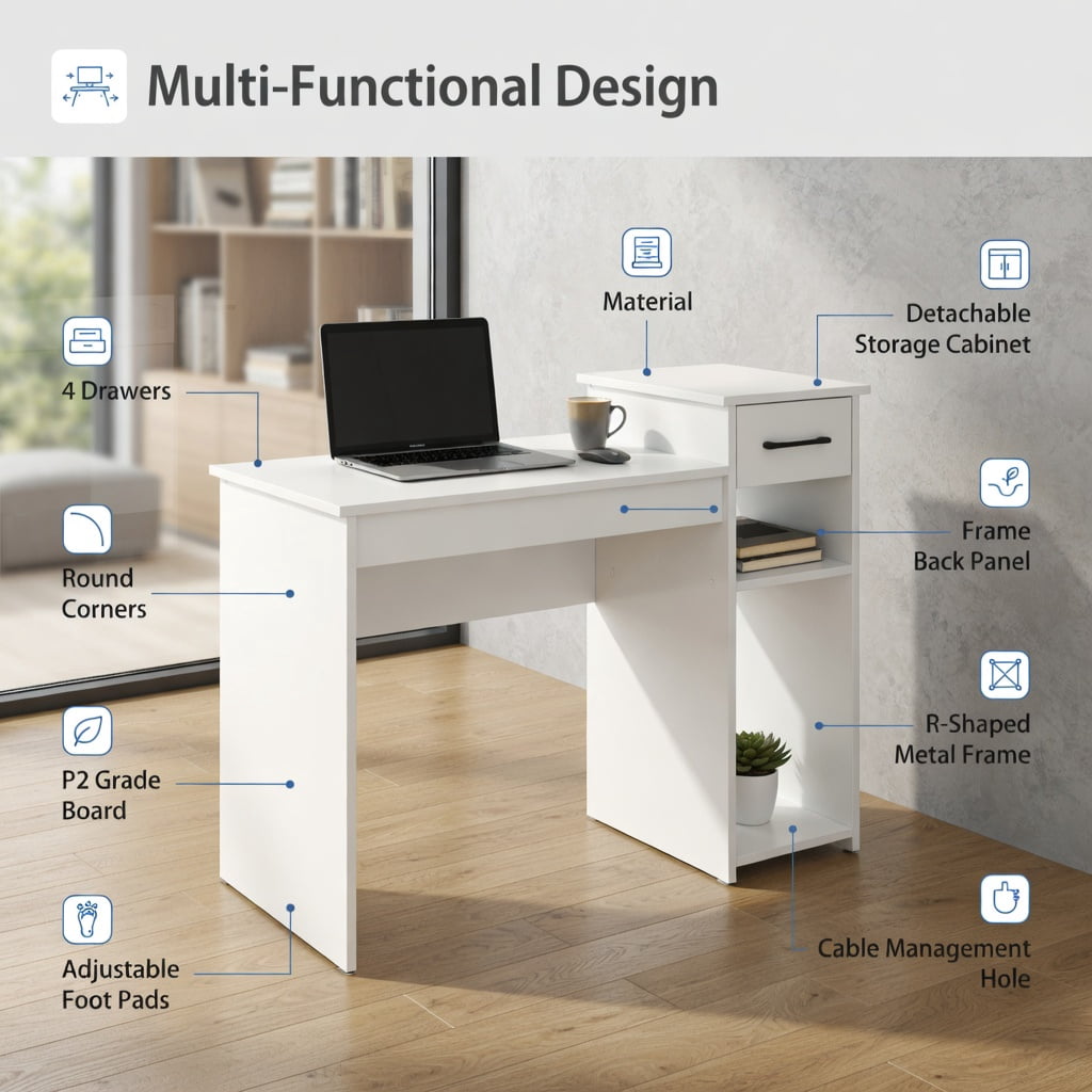 Spaco Computer Desk PC Laptop Table with Drawer and Shelf-White, Office Desk, Gaming Computer Desks for Study,Working,Writing