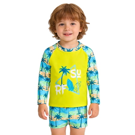 Weebloom Kids Toddler Swimsuit Boy Long Sleeve Swim Shirt Shorts Tropical Print Sun Swimwear Kids Bathing Suit For Beach Pool 2-3 Years
