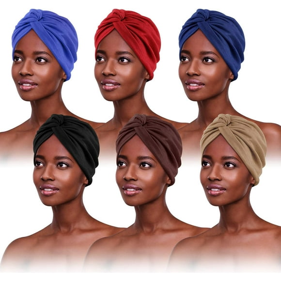 PHOGARY 6 Packs Turbans for Women, Pre Tied Knot Hair Warps Beanie Hat Bonnet Pleated Turban Cap Soft Cotton HairWarp for Women Sleep Chemo Cancer Cap, 6 Color B Style