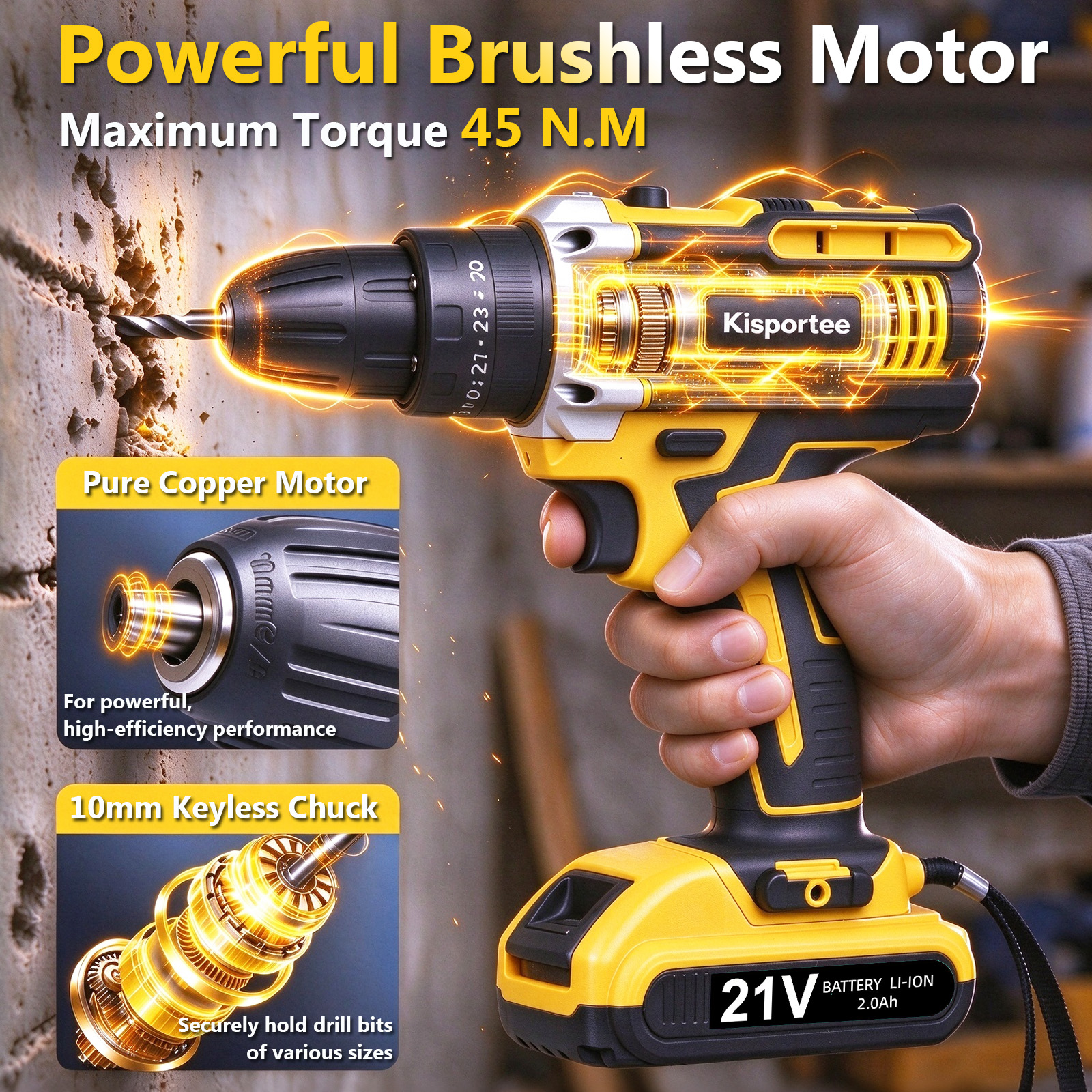 Kisportee 21V Cordless Drill with 2 Batteries and Charger photo 6