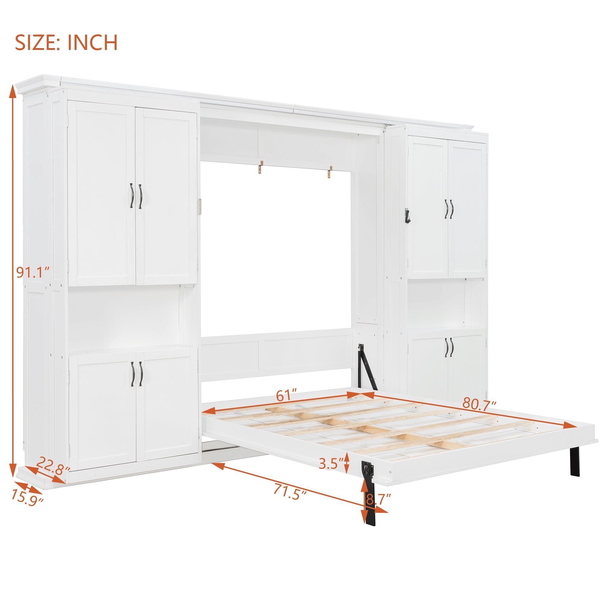 Queen Size Murphy Bed with Dual Sliding Storage Cabinets, 6-Tier Open Shelves, Space-Saving for Small Space, Guest Room