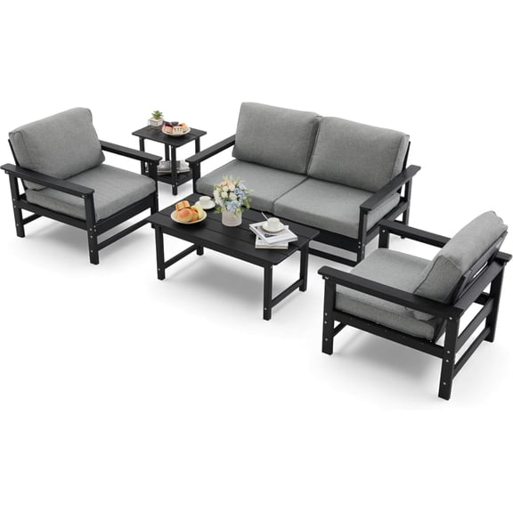 HDPE Outdoor Patio Furniture Set, 6-Piece Sofa Set with Loveseat Couch, 2 Armchairs,Side Table & Coffee Table, Weatherproof Conversation Set with Cushions,for Garden, Porch & Backyard