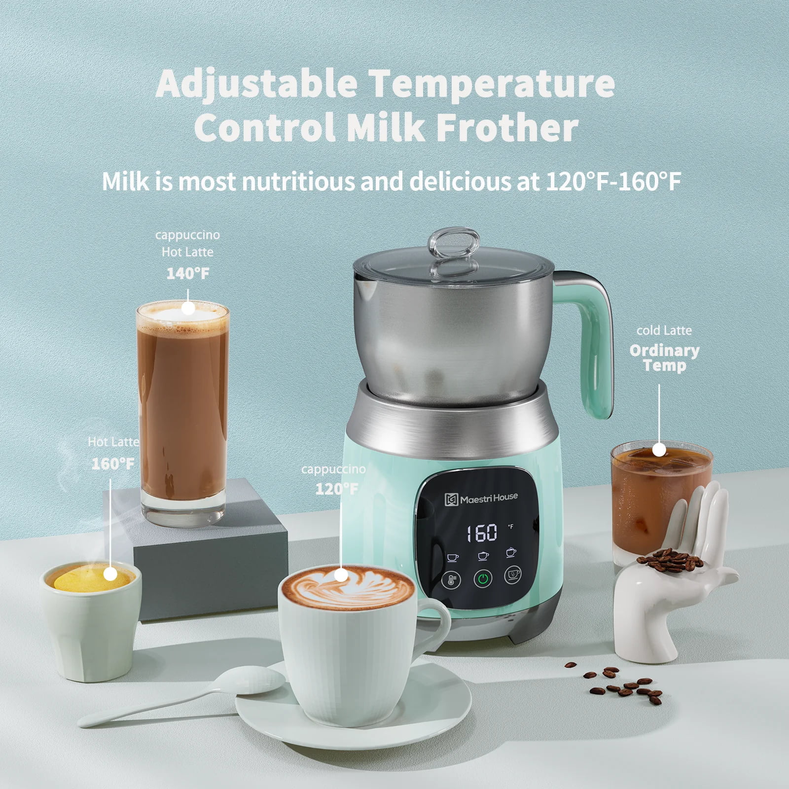 Maestri House Milk Frother, 21OZ Variable Temp and Froth Thickness Milk  Frother and Steamer, Smart Touch Control Milk Warmer, Dishwasher Safe,  Memory Function for Latte Cappuccino, Green 120V 