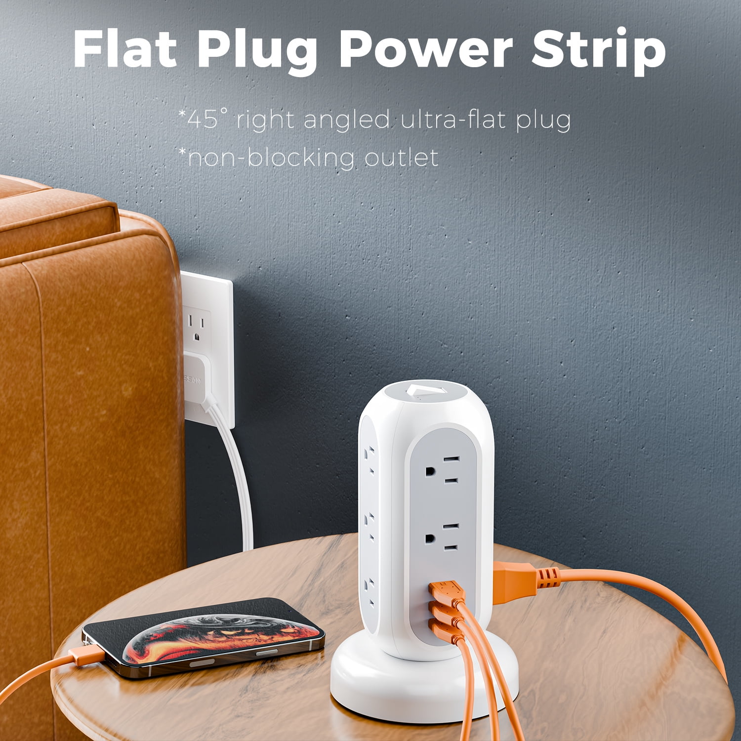 11-Outlet Spinning Charging Tower,  Power Strip with 5ft Ultra Thin Retractable Extension Cord and 3 USB Ports, 1050J Surge Protector, Gray
