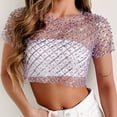 thumbnail image 3 of Camiseta transparente de malla para mujer camisetas de verano con cuentas de cuello redondo camisetas sencillas para mujer FLhrweasw Nuevo, 3 of 7