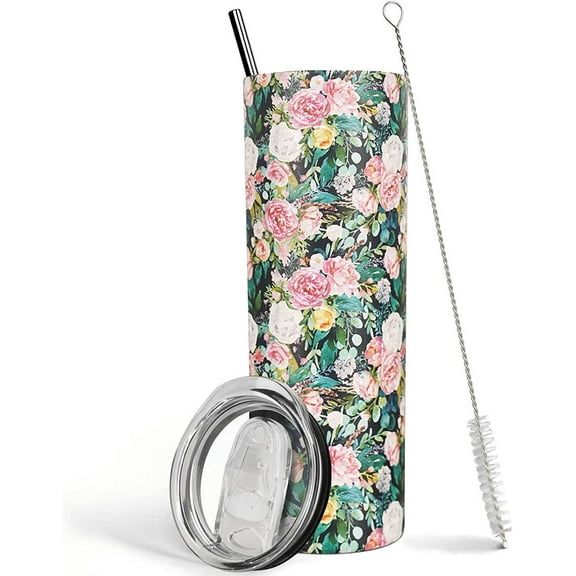 Floral Tumbler with Lid and Straw Floral Mug Flower Travel Coffee Cup 20 OZ Rose Plant Double Wall Insulated Tumbler Water Bottle Floral Gifts for Birthday Valentine