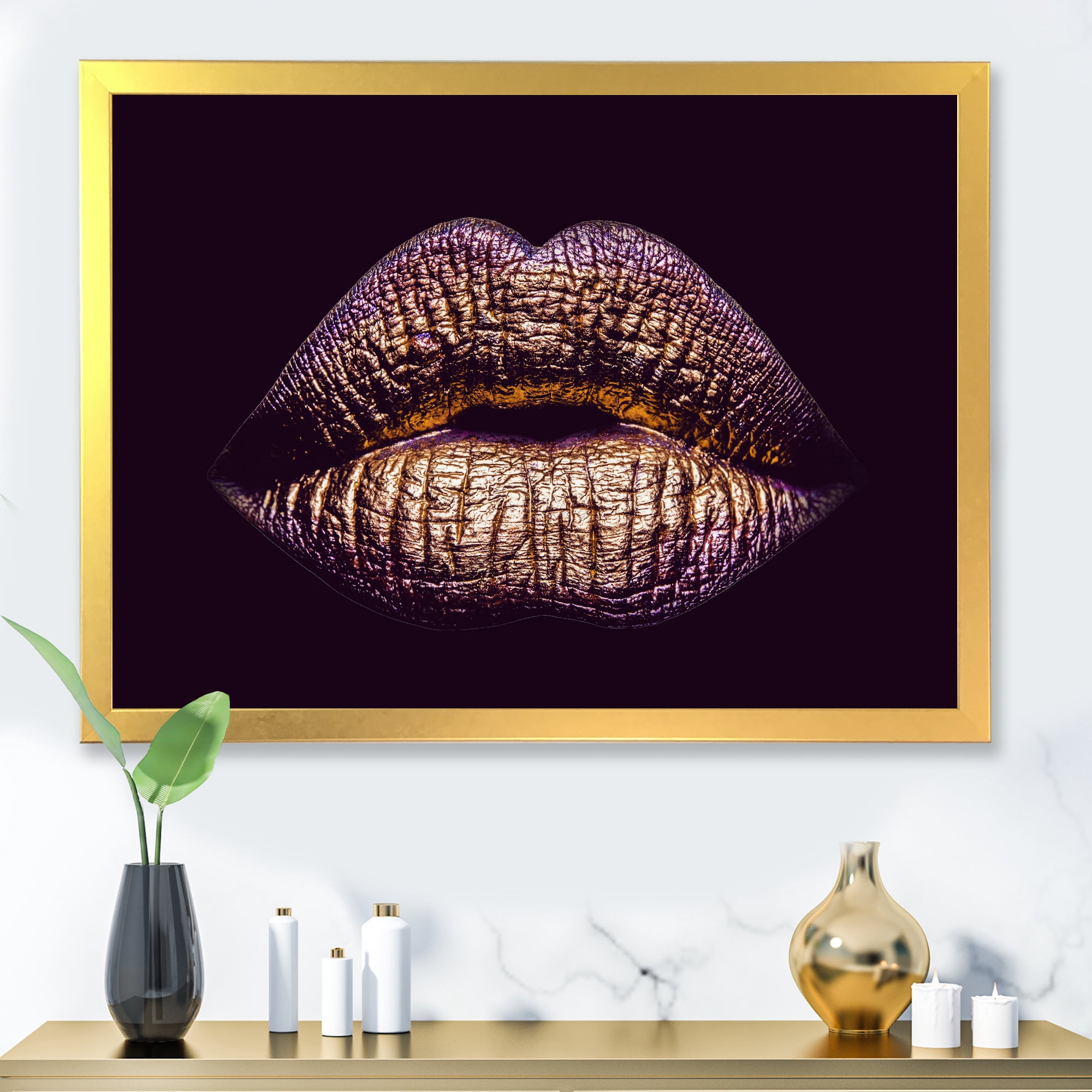 Designart 'Sexy Golden Metallized Woman Lips III' Modern Framed Art Print